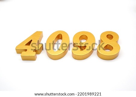  Number 4098 is made of gold-painted teak, 1 centimeter thick, placed on a white background to visualize it in 3D.                                   