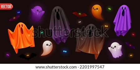 Holiday Halloween set of themed decorative elements for design. Realistic 3d objects in cartoon style. Ghosts fly with scary evil faces, good ghosts and bats, burning eyes. vector illustration