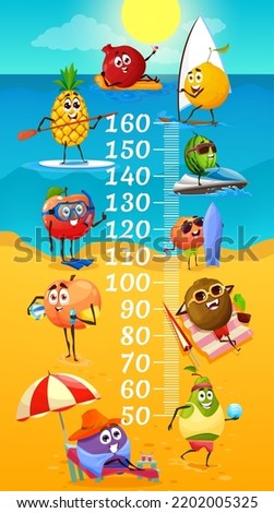 Kids height chart with funny fruits on summer beach leisure, vector growth meter. Cartoon characters, pineapple, orange and apple, peach, watermelon, kiwi and pear fruits on summer vacations at sea