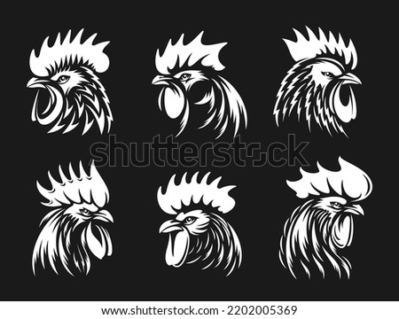 Rooster, cockerel or cock head vector icons. Farm bird faces with silhouettes of beak, combs, wattles and feathers. Angry rooster isolated mascot of poultry farm, butcher shop, sport team Royalty-Free Stock Photo #2202005369