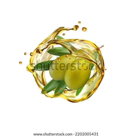 Realistic olives and oil splash drops, vector green olive fruits. Olive oil splashing flow for bottle product package, cuisine cooking or salad, green olive oil splash pour in macro closeup Royalty-Free Stock Photo #2202005431