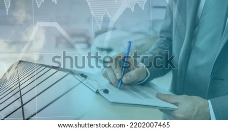 Digital illustration of a person writing on file of papers over statistics and a cityscape. Finance business stock market global data processing concept digitally generated image