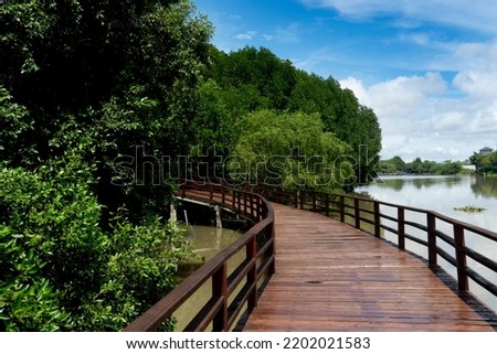 Red wooden bridge walkway leading straight out of the mangrove forest. Under the blue sky and white clouds. and there is a river on the side. At Phra Chedi Klang Nam, Pak Nam, Rayong, Thailand.