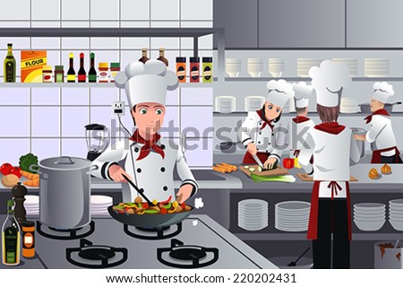 A vector illustration of scene inside a busy modern restaurant kitchen
