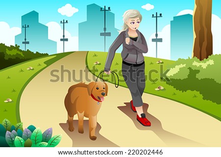 A vector illustration of old lady exercising with her dog outdoor