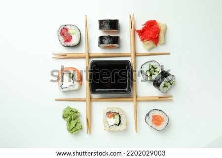 Concept of tasty food with sushi, top view