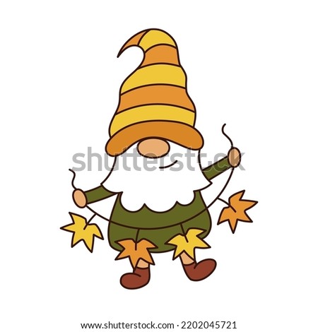 Autumn gnome with garland of leaves. Cute gnome isolated on white background. Cartoon style. Vector illustration.