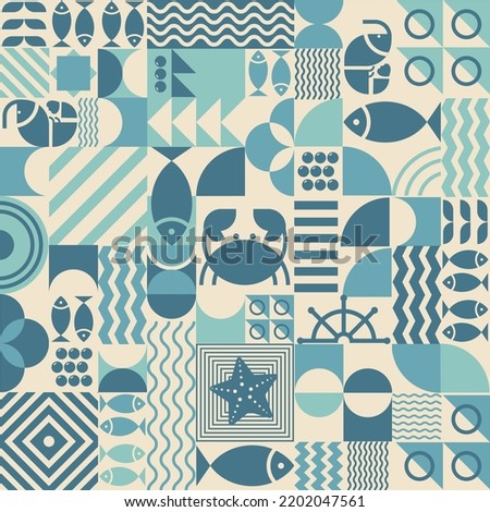 Seafood seamless pattern in Bauhaus style. Geometric poster with abstract geometry Bauhaus swiss. Fish, crab, shrimp, caviar in futuristic minimal shapes, forms Royalty-Free Stock Photo #2202047561