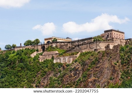 A view of the Fortress Ehrenbreitstein in Koblenz, Rhineland-Palatinate.