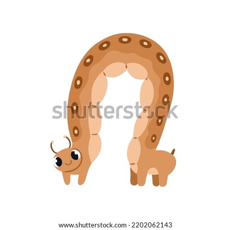 Cute happy caterpillar. Funny smiling bending insect looking with positive emotion in eyes. Amusing baby character from wild nature. Childish flat vector illustration isolated on white background