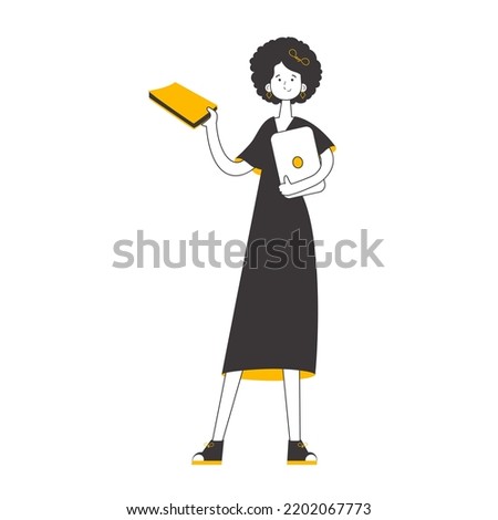 The girl is holding a book and a laptop in her hands. Line art style. Isolated on white background. Vector illustration.