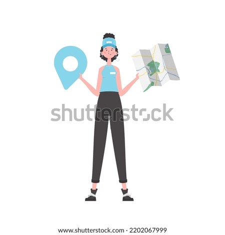 Girl water delivery operator holding a map. Stylish character is depicted in full growth. Isolated on white background. Vector.