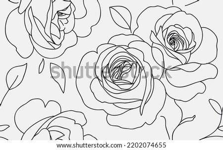 Abstract seamless pattern with roses. Beautiful blossoming hand drawn flower isolated on white background. Line art design. Vector stock illustration