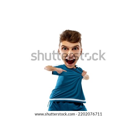 Funny emotions of professional football, soccer player isolated on white studio background. Excitement in game, human emotions, facial expression and passion with sport concept. Cartoon style