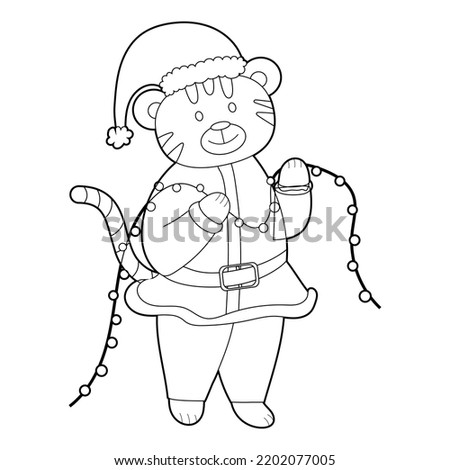 Coloring book for kids, cartoon tiger holding a garland. Vector isolated on a white background.