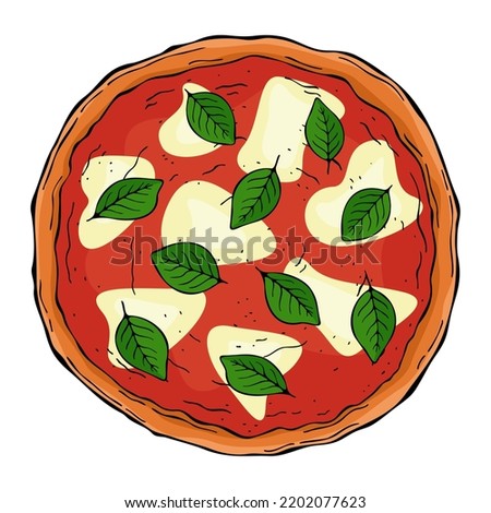 Line art colorful pizza margherita isolated on white background
