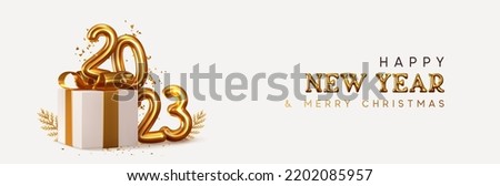 2023 Happy New Year. Realistic gift box Golden metal number. 3d render gold metallic sign and text letter. Celebrate party 2023. Christmas Poster, banner, cover card, brochure, flyer, layout design Royalty-Free Stock Photo #2202085957