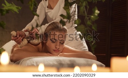 Young, healthy and beautiful woman gets massage therapy in the spa salon. Healthy lifestyle and body care concept. Royalty-Free Stock Photo #2202090329