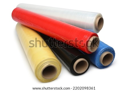 Rolls of wrapping plastic stretch film on white background

