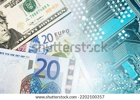 Prices of electronics going up. Cost of hardware rise. Circuit board background. Blue motherboard texture. Money dollar bills. Computer industry pattern. Microchip closeup. 
