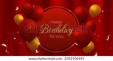 Happy Birthday background with red and golden 3d realistic floating balloons