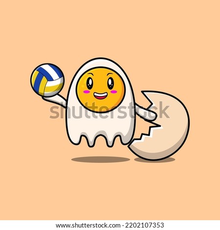 Cute cartoon fried eggs character playing volleyball in flat cartoon style illustration