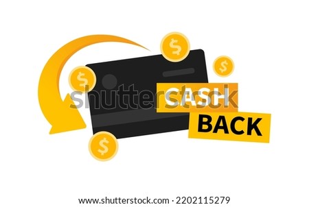 Vector cashback label with debit card and arrow. Business cash back icon. Return of money from purchases. Modern cashback banner. 