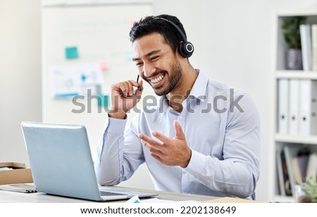 Asian man, laptop or call center worker in communication, customer service or contact us support office. Smile, happy and excited crm consultant or telemarketing receptionist on tech sales consulting Royalty-Free Stock Photo #2202138649