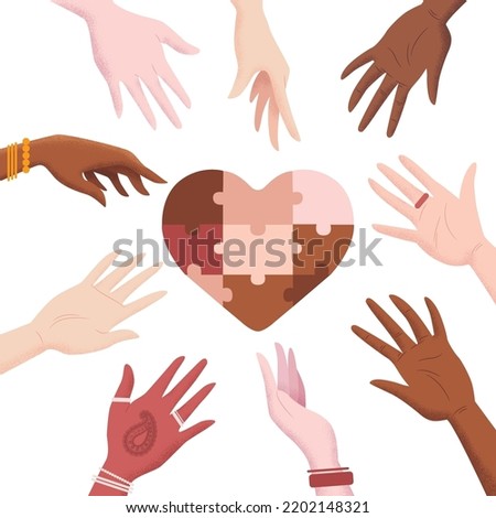 Vector illustration in flat style with men and women hands and heart puzzle isolated on white background. Equal rights concept against racism and discrimination Royalty-Free Stock Photo #2202148321