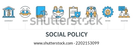 Social policy concept with icons. Government, society, legislation, social services, health care, welfare, reform, education. Business banner. Web vector infographic in minimal flat line style Royalty-Free Stock Photo #2202153099