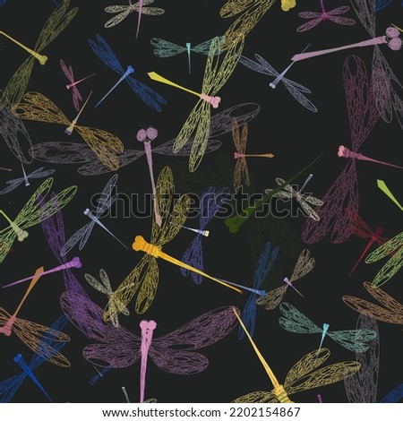 Seamless pattern cluster of colorful dragonflies in flight