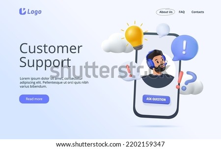 Customer service landing page. Man with headphones and microphone with smartphone. Customer support website. Concept illustration for support, assistance, call center. 3D render Vector illustration Royalty-Free Stock Photo #2202159347