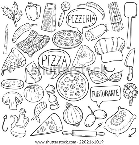 Pizza Doodle Icons. Hand Made Line Art. Italian Food Clipart Logotype Symbol Design.