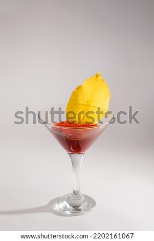 Leaf yellow in martini glass with red drink. Autumn abstract design. Beige background. September Thanksgiving holiday concept. Cocktail on a white background with smooth shadow