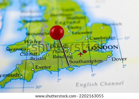 Southampton, England. Close-up of Southampton map with red pin on the map of United Kingdom. Royalty-Free Stock Photo #2202163055