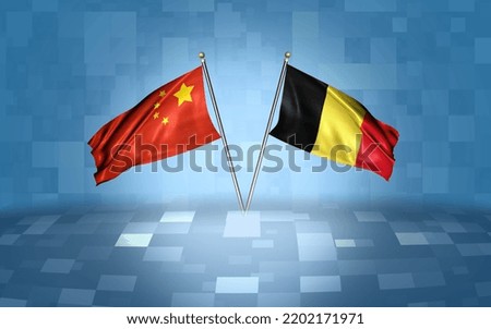 China flag with Belgium flag, 3D rendering with a blue and white block's background 