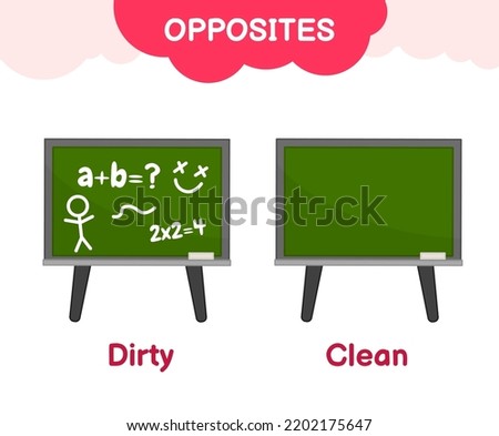 Vector learning material for kids opposites clean dirty. Cartoon illustrations of a clean chalkboard and dirty chalkboard

