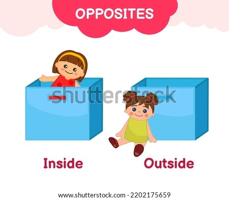 Vector learning material for kids opposites inside Outside. Cartoon illustrations of doll inside the box and doll outside the box.
 Royalty-Free Stock Photo #2202175659