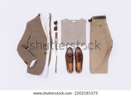Men's clothes and accessories on white background, flat lay Royalty-Free Stock Photo #2202185373