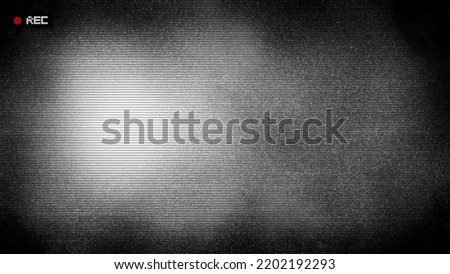 Retro CCTV or VHS video white noise background texture with red recording indicator. Vintage horizontal scanlines with vignette border. Grungy distressed horror film backdrop 8k 16:9 3D rendering

