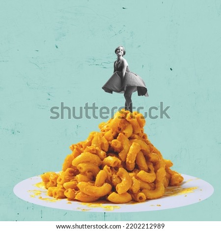 Contemporary art collage. Young stylish woman standing on the top of pasta with cheese. Italian food . Concept of retro style, creativity, surrealism, imagination. Copy space or ad, poster