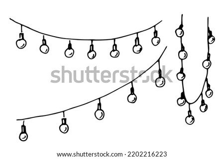 Garland with Lights. Vector hand drawn illustration in doodle style for party. Sketch of hanging pennants on white isolated background Royalty-Free Stock Photo #2202216223