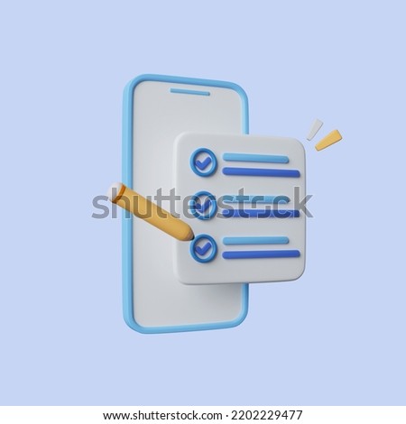 3D Mobile phone with Checklist. Smartphone screen with checkmarks. To do list with completed tasks. Note with survey or done test. icon clipping path. 3d render illustration
