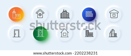 Construction site icons set. Doors, house, wall, bricks, high-rise building, factory. Construction concept. Neomorphism style. Vector line icon for business.