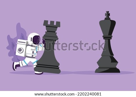 Character flat drawing young astronaut push huge rook chess piece to beat king in moon surface. Strategic movement in winning gameplay. Cosmonaut deep space concept. Cartoon design vector illustration