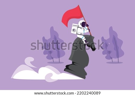 Character flat drawing of young astronaut riding big chess horse knight and holding flag in moon surface. Competitive move game player. Cosmonaut deep space concept. Cartoon design vector illustration