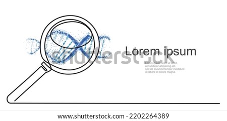 Continuous one line drawing of magnifying glass with dna. Vector illustration.  Can used for logo, emblem, slide show and banner. 