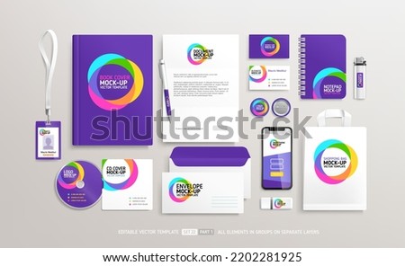 Business Stationery Brand Identity Mockup set with trendy graphics purple design part 1. Office stationary items mockup set  - editable template. Company corporate style design Royalty-Free Stock Photo #2202281925