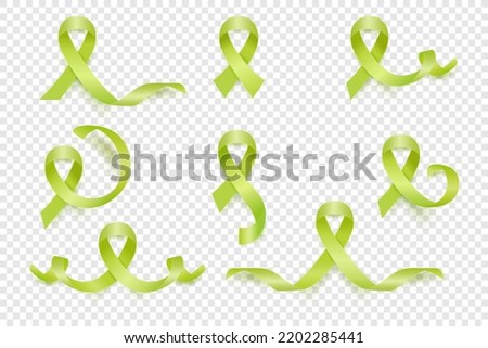 Vector 3d Realistic Lime Ribbon Set. Lymphoma Cancer Awareness Symbol Closeup. Cancer Ribbon Template. World Lymphoma Cancer Day Concept