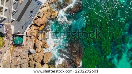 Amazing aerial view of Bondi Beach landscape in Sydney, Australia. Drone viewpoint on a sunny morning.